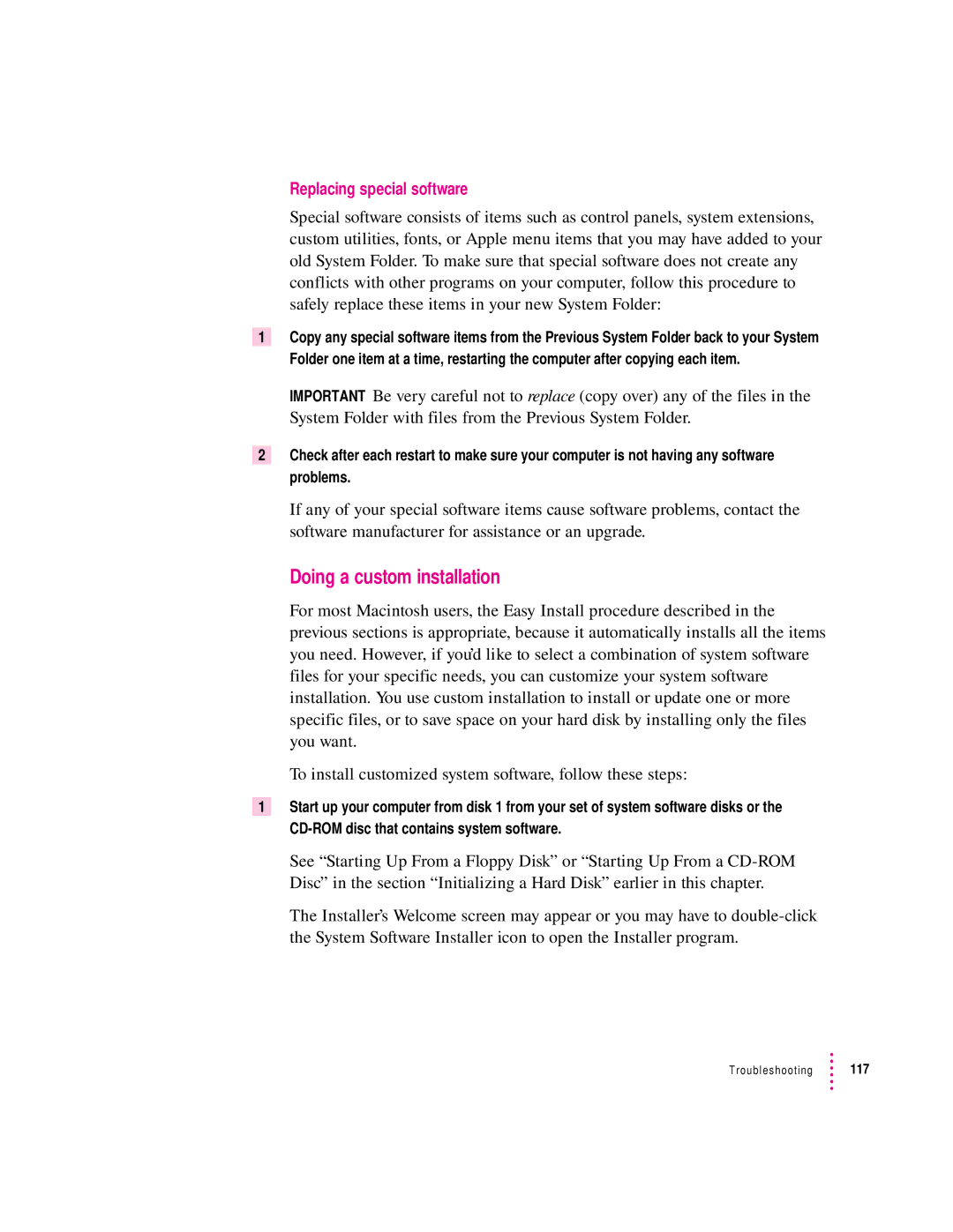 Apple 132 Series appendix Doing a custom installation, Replacing special software 