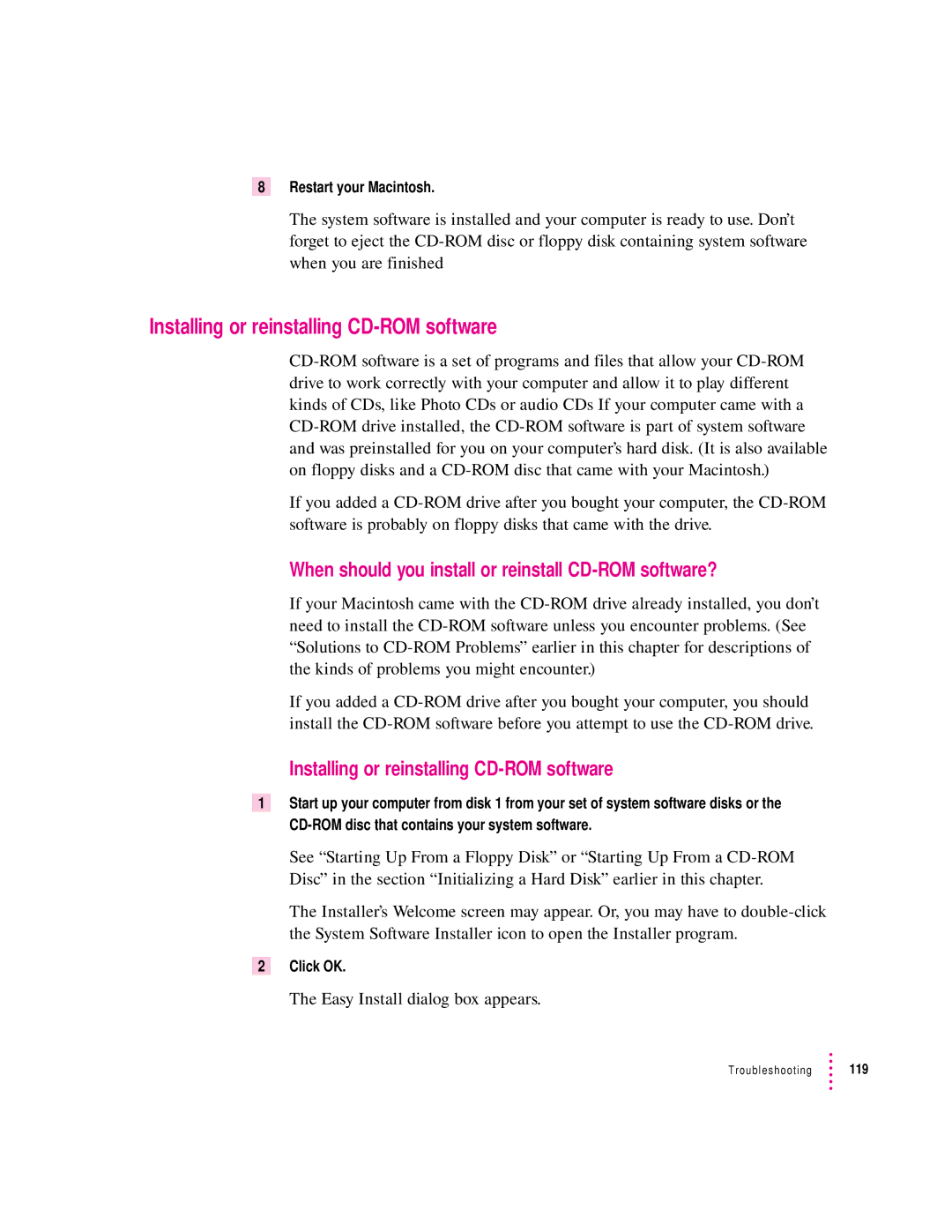 Apple 132 Series appendix Installing or reinstalling CD-ROM software, When should you install or reinstall CD-ROM software? 