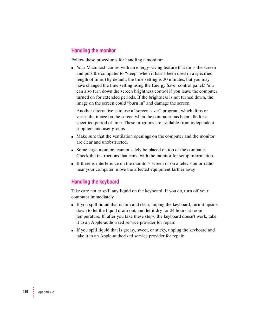 Apple 132 Series appendix Handling the monitor, Handling the keyboard 