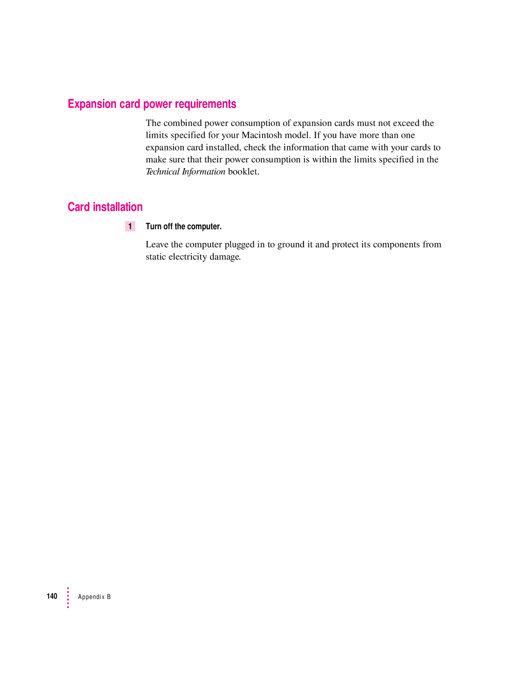 Apple 132 Series appendix Expansion card power requirements, Card installation, Turn off the computer 