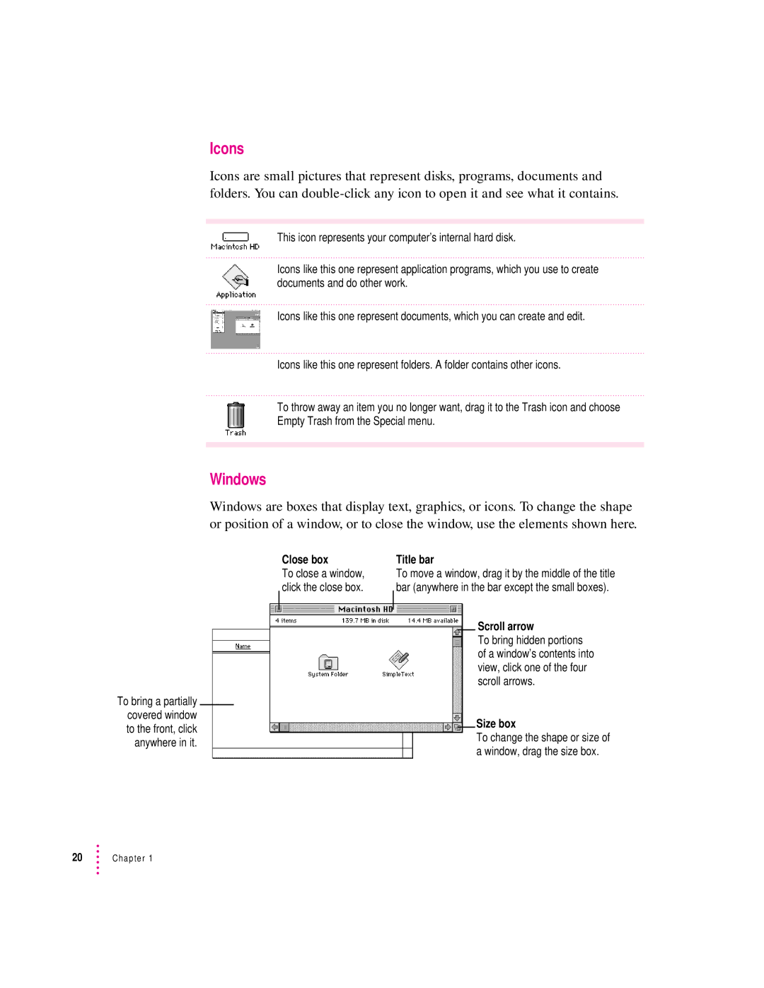 Apple 132 Series appendix Icons, Windows 