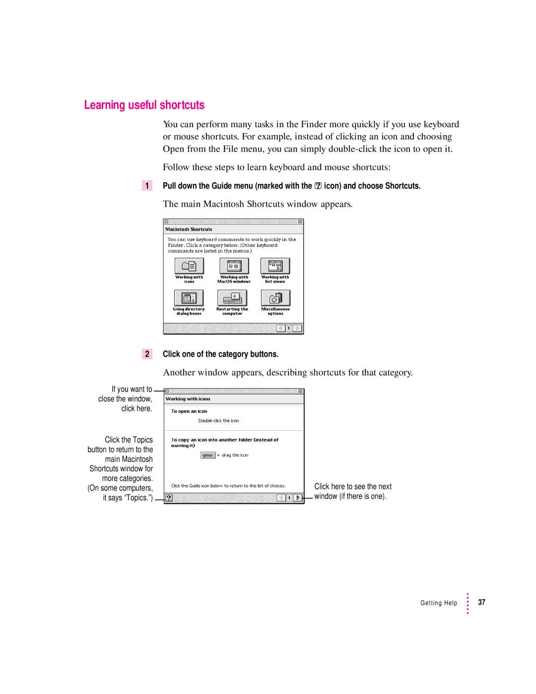 Apple 132 Series Learning useful shortcuts, Main Macintosh Shortcuts window appears, Click one of the category buttons 