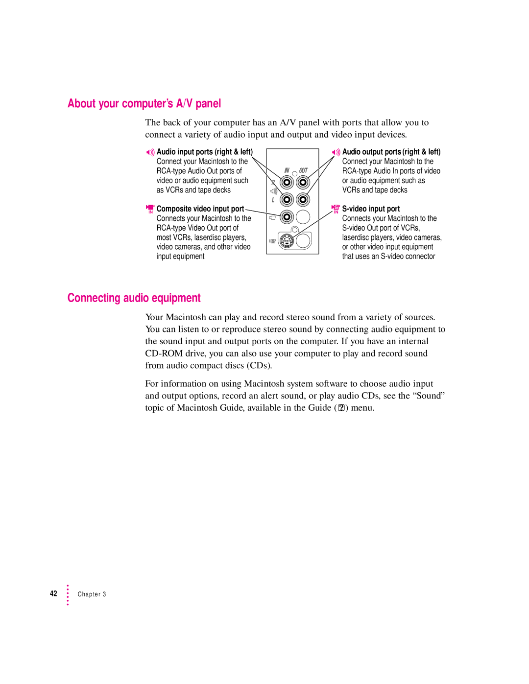 Apple 132 Series appendix About your computer’s A/V panel, Connecting audio equipment 