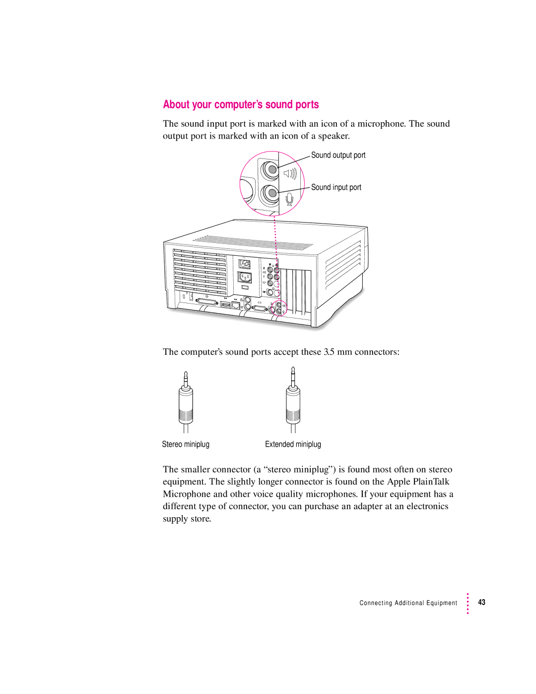 Apple 132 Series appendix About your computer’s sound ports, Computer’s sound ports accept these 3.5 mm connectors 