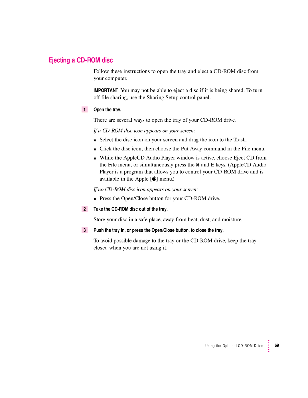 Apple 132 Series appendix Ejecting a CD-ROM disc, Press the Open/Close button for your CD-ROM drive, Open the tray 