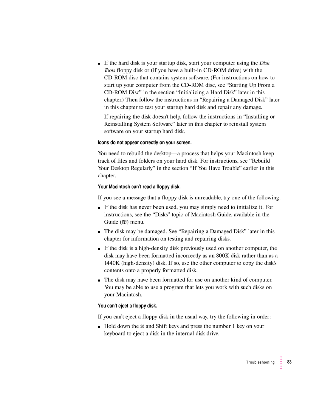 Apple 132 Series appendix Icons do not appear correctly on your screen, Your Macintosh can’t read a floppy disk 