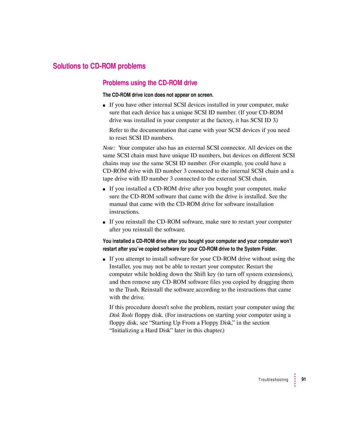 Apple 132 Series appendix Solutions to CD-ROM problems, Problems using the CD-ROM drive 