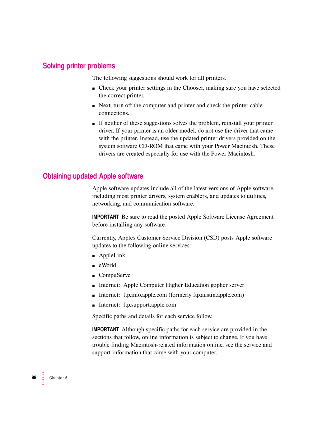 Apple 132 Series appendix Solving printer problems, Obtaining updated Apple software 