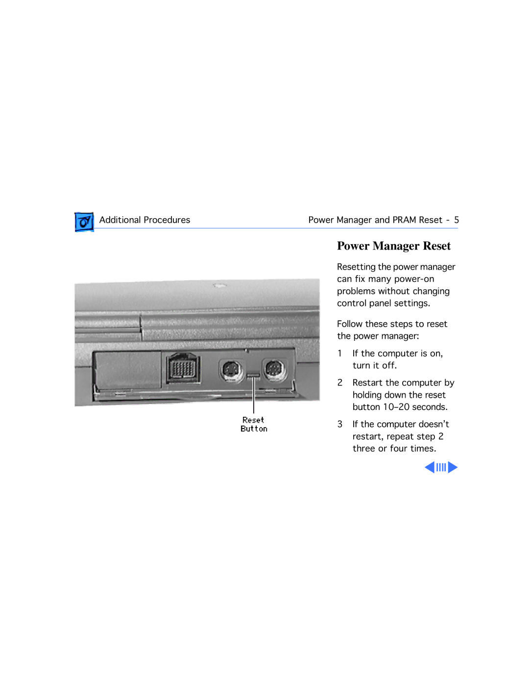 Apple 1400C/117, 1400CS/117, 1400CS/166, 1400CS/133, 1400C/166, 1400C/133 manual Power Manager Reset 