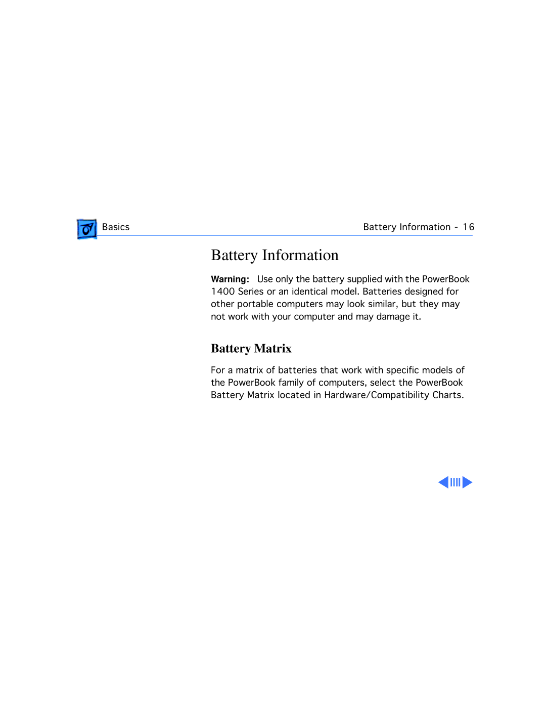 Apple 1400CS/166, 1400CS/117, 1400CS/133, 1400C/166, 1400C/133, 1400C/117 manual Battery Information, Battery Matrix 