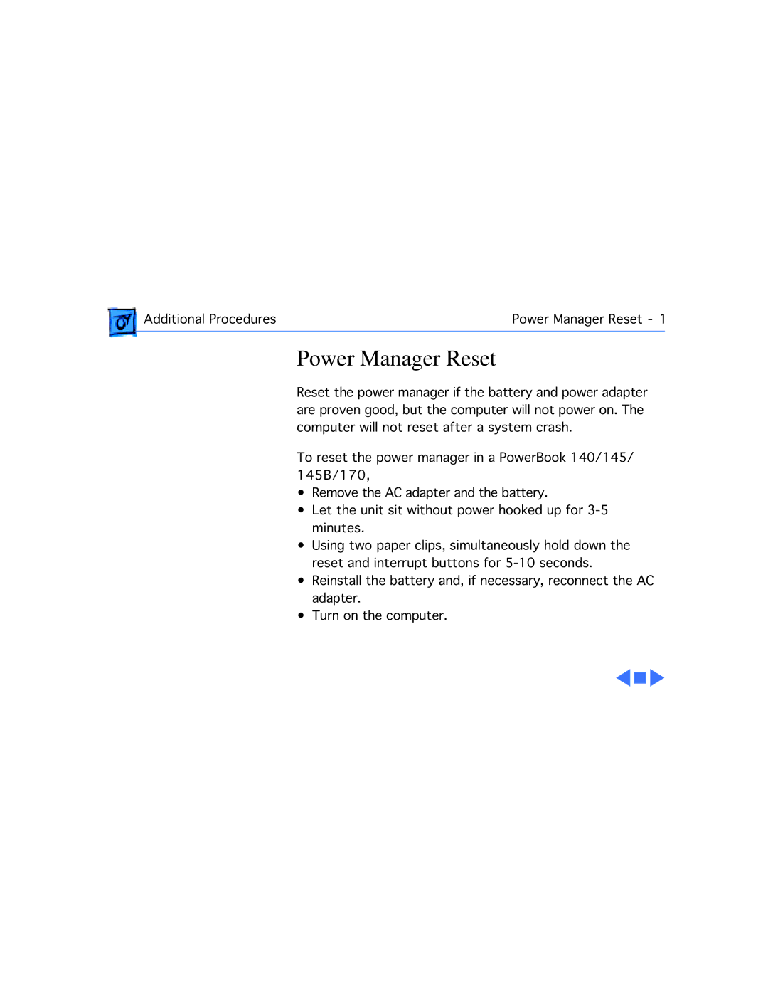 Apple 170, 145B manual Power Manager Reset 