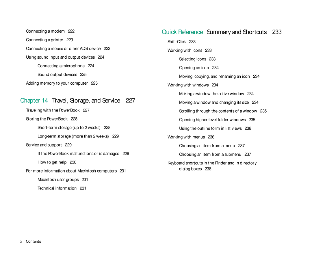 Apple 145 manual Travel, Storage, and Service, 227, Shift-Click, 234, Making a window the active window 