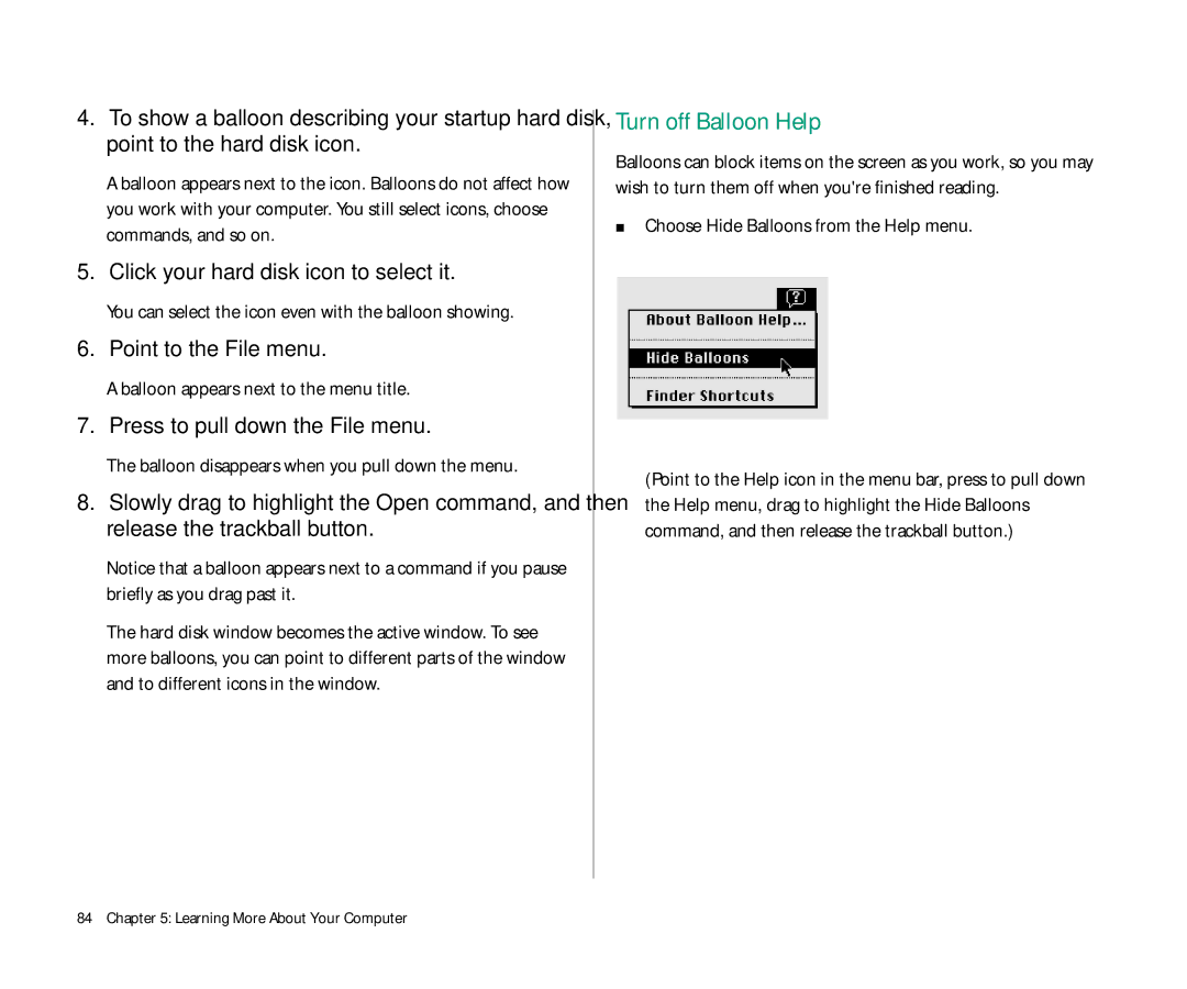 Apple 145 manual Turn off Balloon Help, Click your hard disk icon to select it, Point to the File menu 