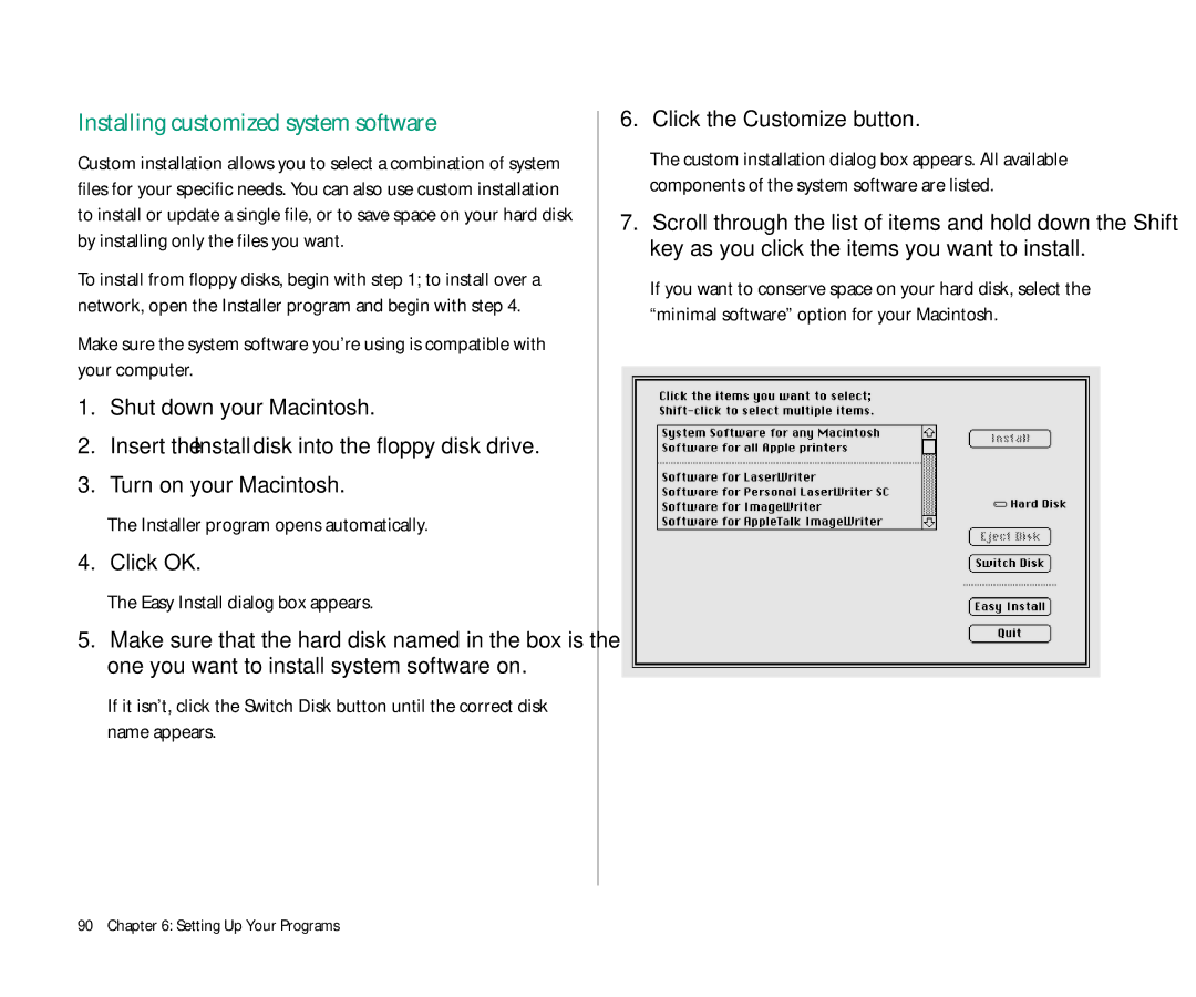 Apple 145 manual Installing customized system software, Easy Install dialog box appears, Click the Customize button 