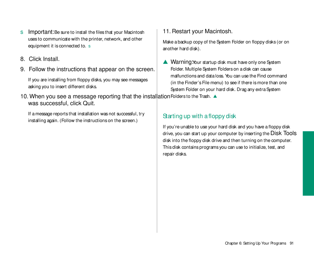 Apple 145 manual Starting up with a floppy disk, Click Install 