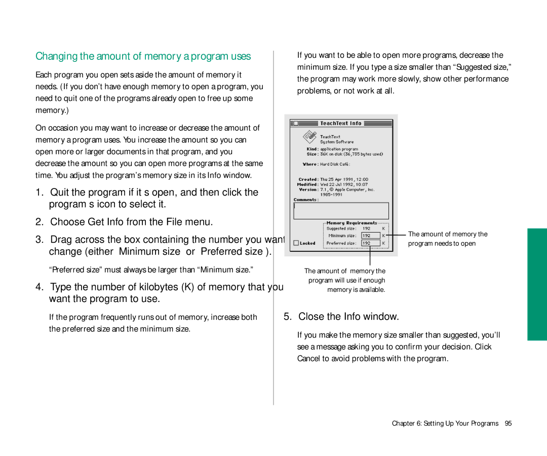 Apple 145 manual Close the Info window, Preferred size must always be larger than Minimum size 