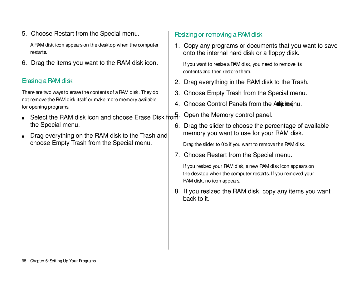 Apple 145 manual Erasing a RAM disk, Resizing or removing a RAM disk, Drag the items you want to the RAM disk icon 