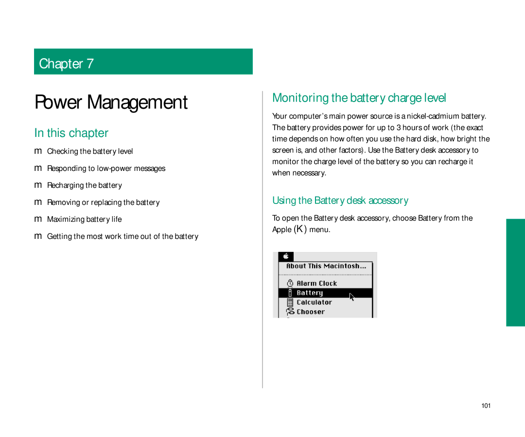 Apple 145 manual Monitoring the battery charge level, Using the Battery desk accessory, 101 