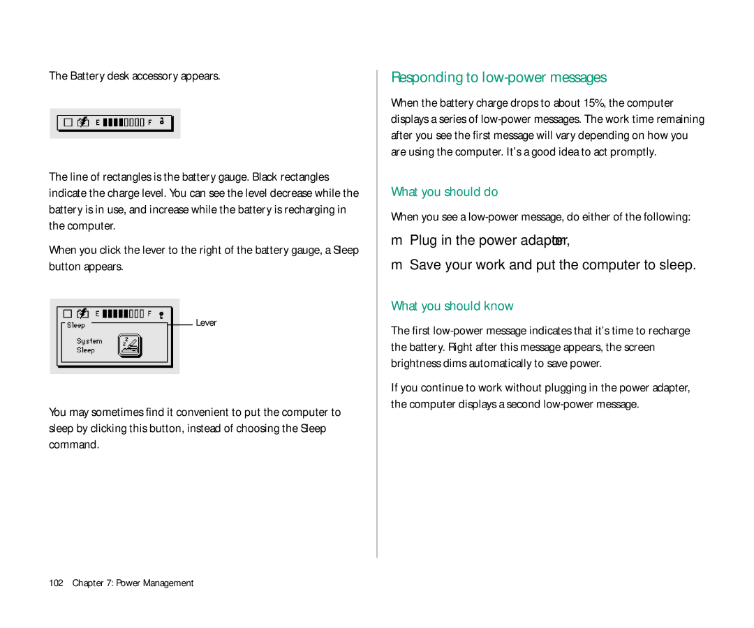 Apple 145 manual Responding to low-power messages, What you should do, What you should know, Battery desk accessory appears 