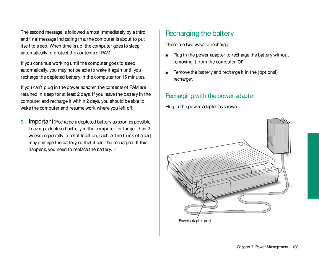 Apple 145 manual Recharging the battery, Recharging with the power adapter, There are two ways to recharge 