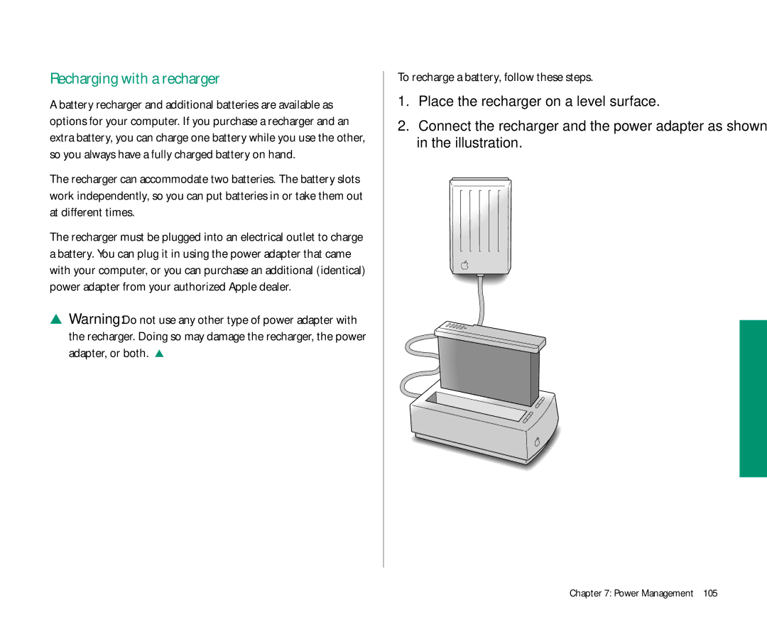 Apple 145 manual Recharging with a recharger, To recharge a battery, follow these steps 