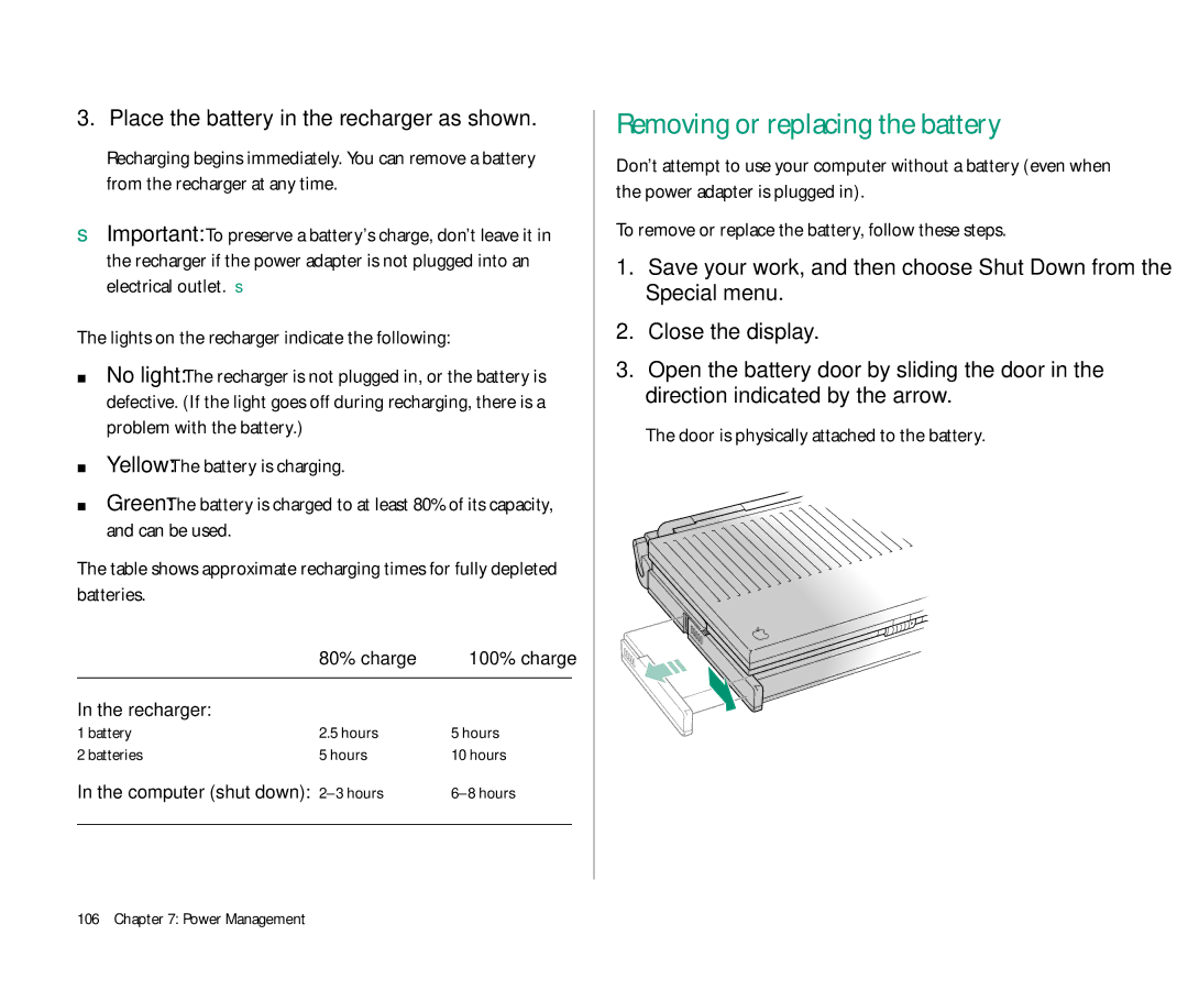 Apple 145 manual Removing or replacing the battery, Place the battery in the recharger as shown, Battery Hours Batteries 