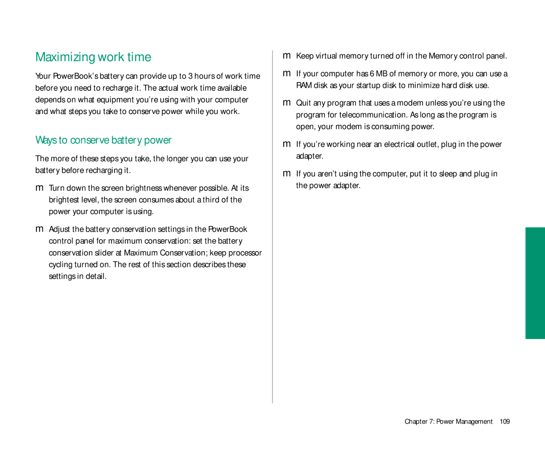 Apple 145 Maximizing work time, Ways to conserve battery power, Keep virtual memory turned off in the Memory control panel 