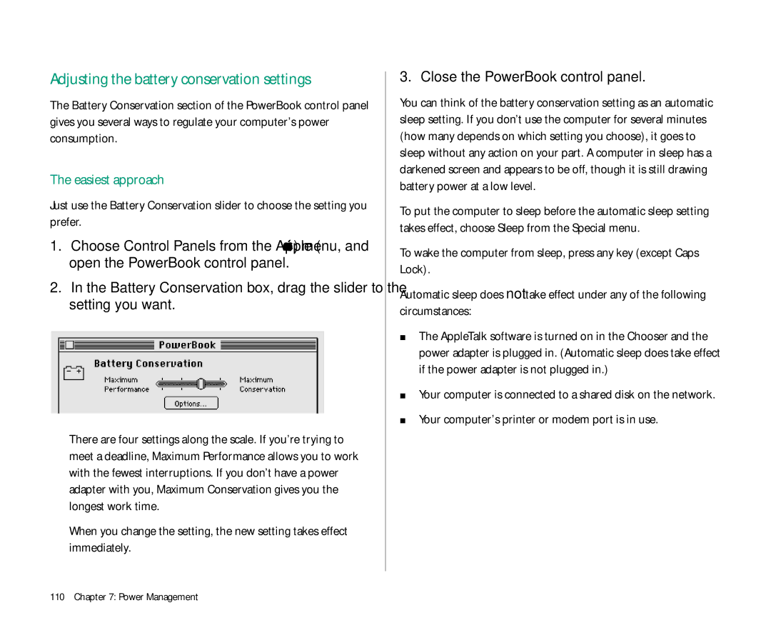 Apple 145 manual Adjusting the battery conservation settings, Easiest approach, Close the PowerBook control panel 