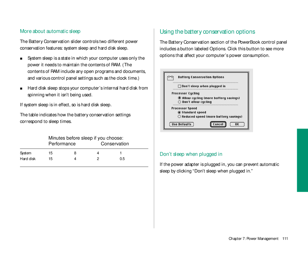 Apple 145 Using the battery conservation options, More about automatic sleep, Don’t sleep when plugged, System Hard disk 