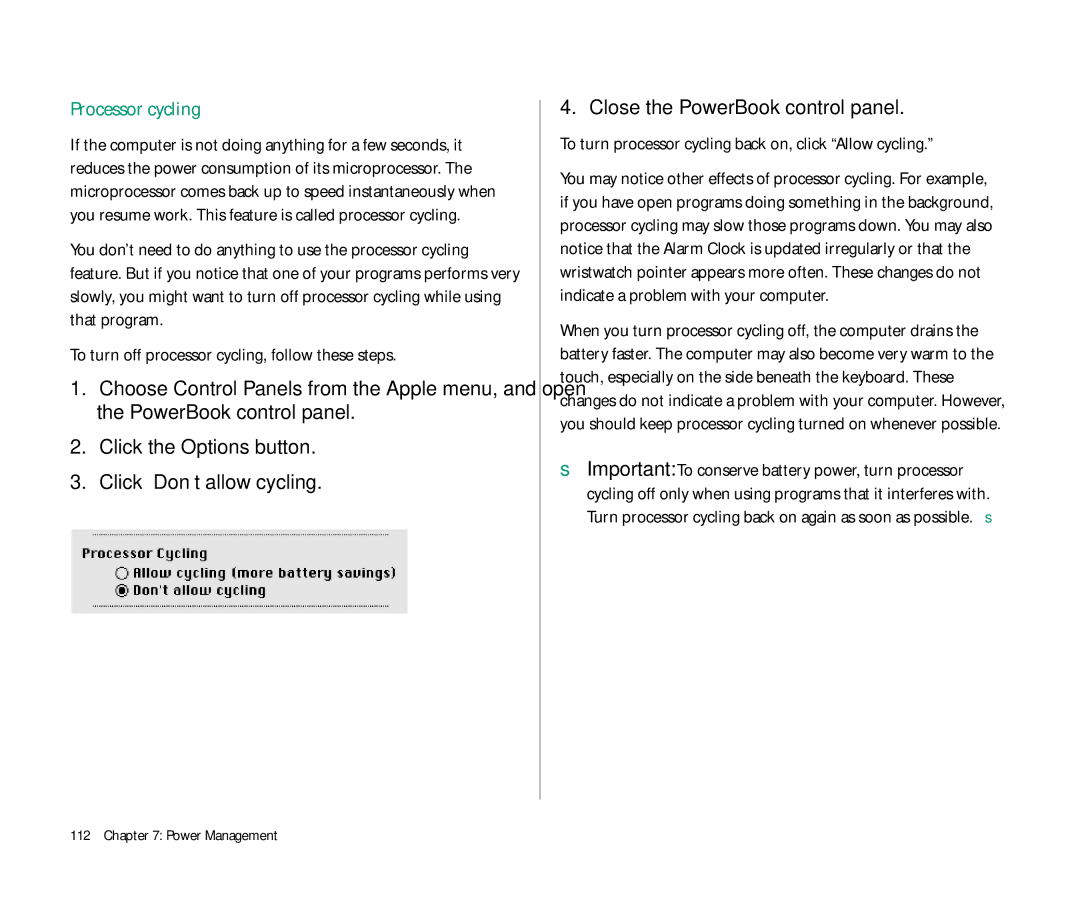 Apple 145 manual Processor cycling, To turn processor cycling back on, click Allow cycling 