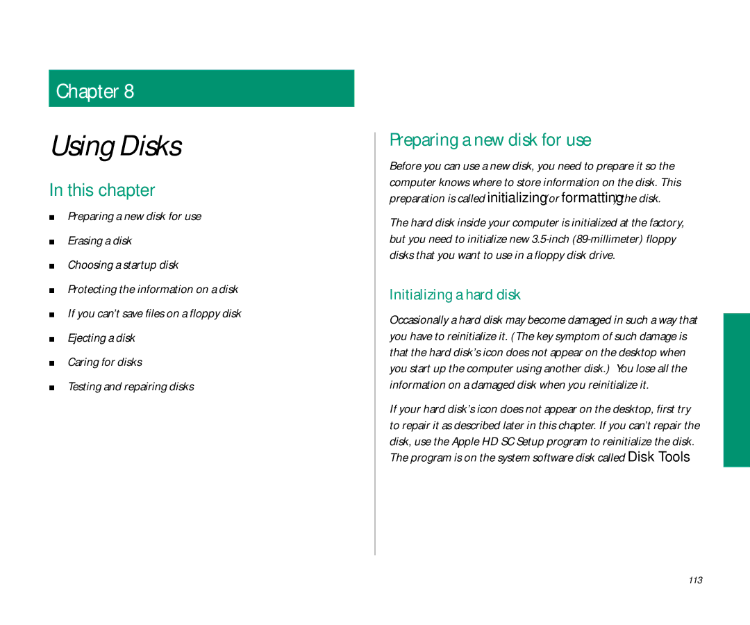 Apple 145 manual Preparing a new disk for use, Initializing a hard disk 