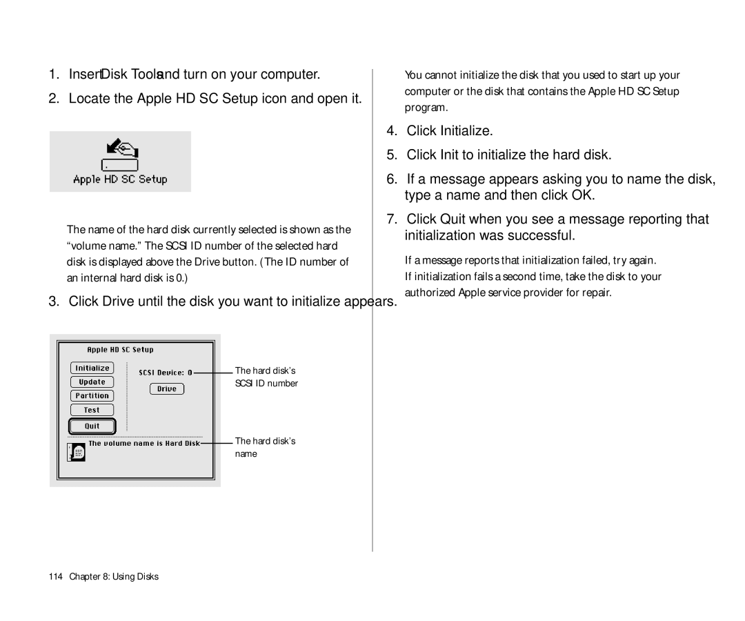 Apple 145 manual Click Initialize Click Init to initialize the hard disk, Hard disk’s Scsi ID number Hard disk’s name 