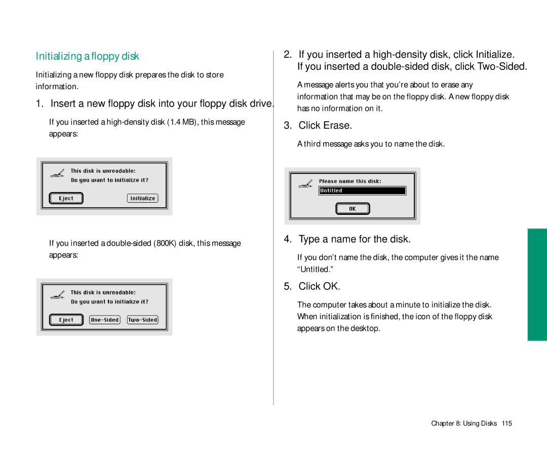 Apple 145 manual Initializing a floppy disk, Third message asks you to name the disk, Type a name for the disk 