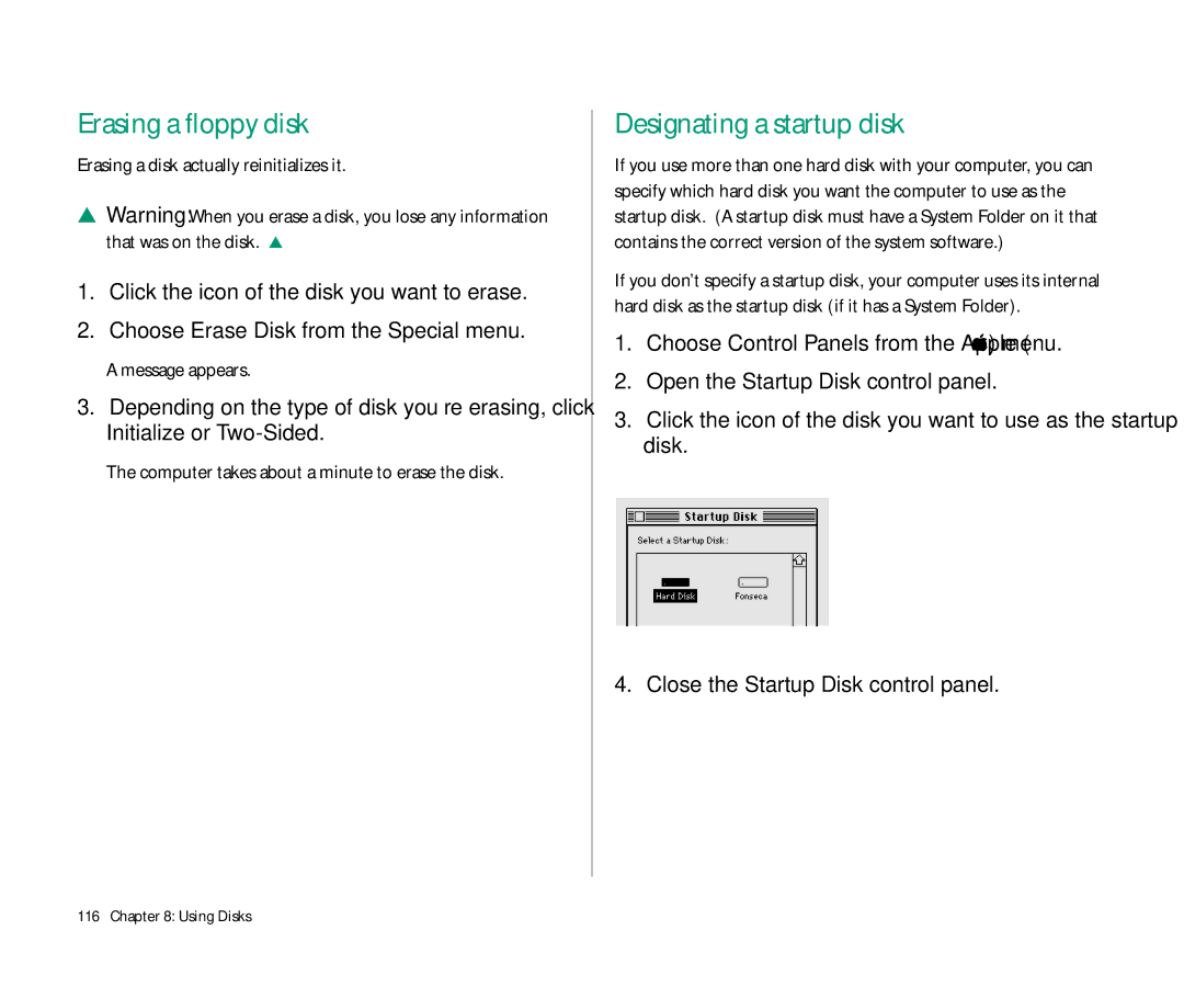 Apple 145 manual Erasing a floppy disk, Designating a startup disk, Click the icon of the disk you want to erase 