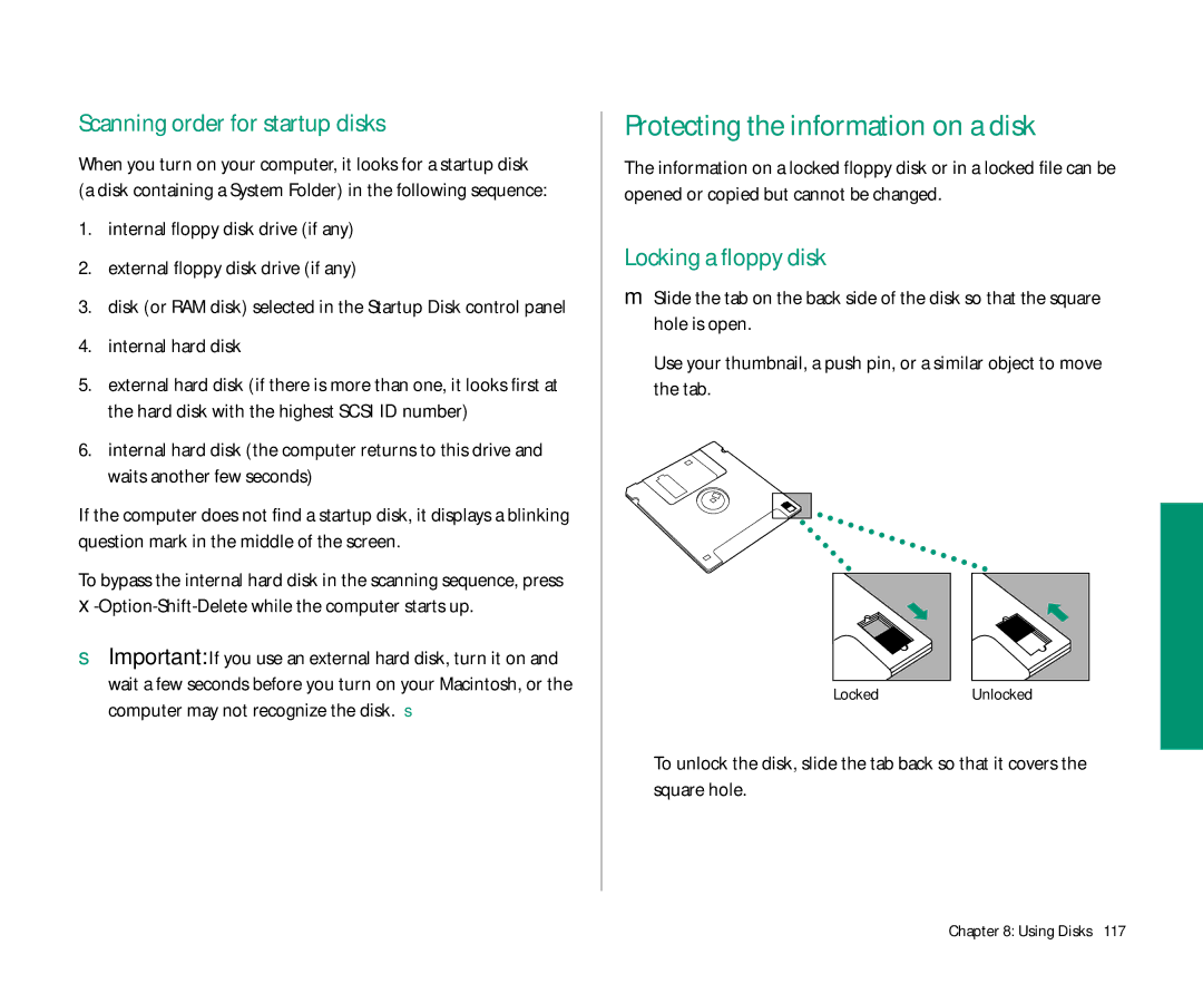 Apple 145 manual Protecting the information on a disk, Scanning order for startup disks, Locking a floppy disk 