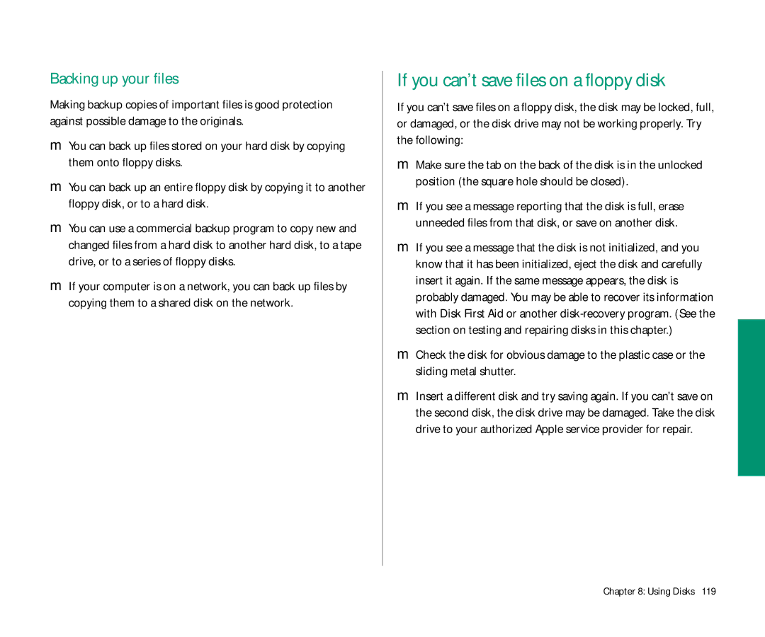 Apple 145 manual If you can’t save files on a floppy disk, Backing up your files 