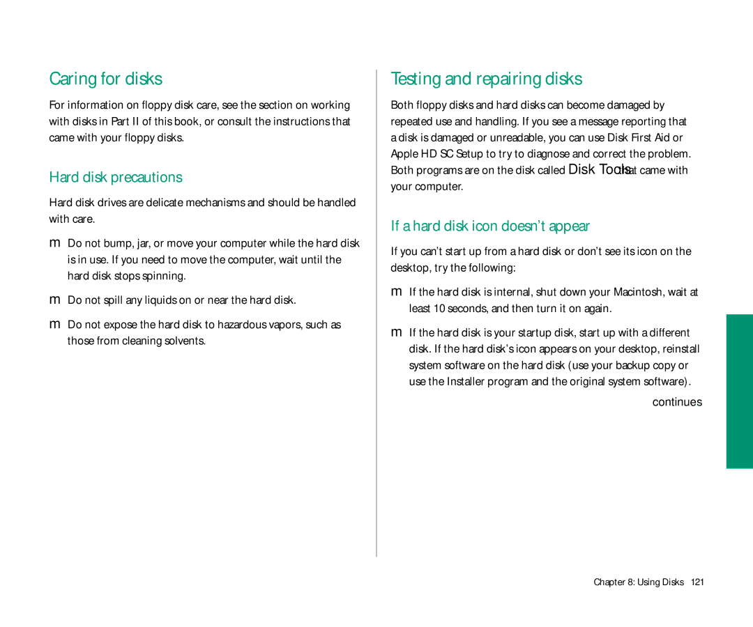 Apple 145 manual Caring for disks, Testing and repairing disks, Hard disk precautions, If a hard disk icon doesn’t appear 