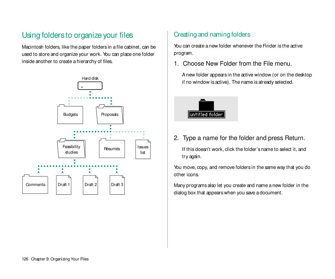 Apple 145 manual Using folders to organize your files, Creating and naming folders, Choose New Folder from the File menu 