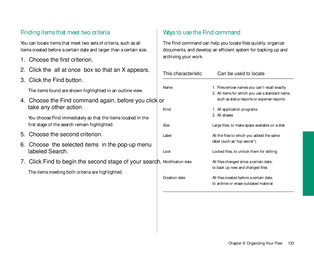 Apple 145 manual Finding items that meet two criteria, Ways to use the Find command 