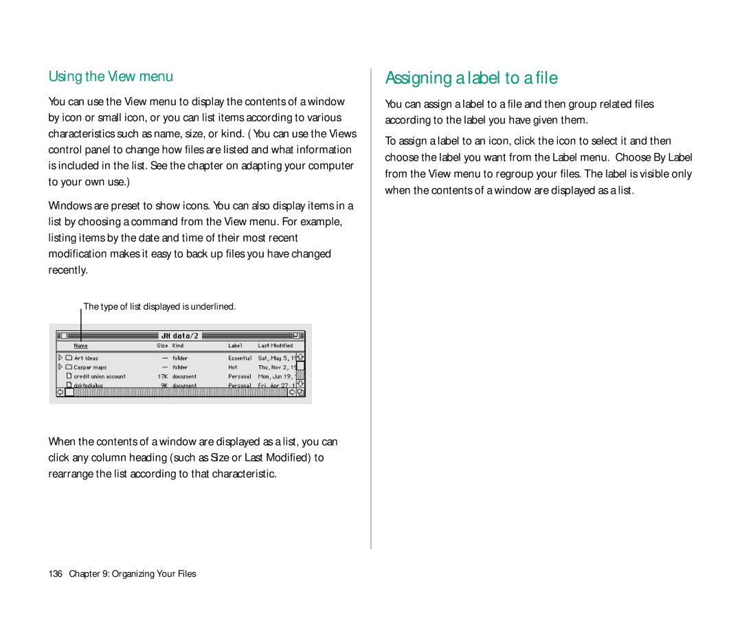 Apple 145 manual Assigning a label to a file, Using the View menu, Type of list displayed is underlined 