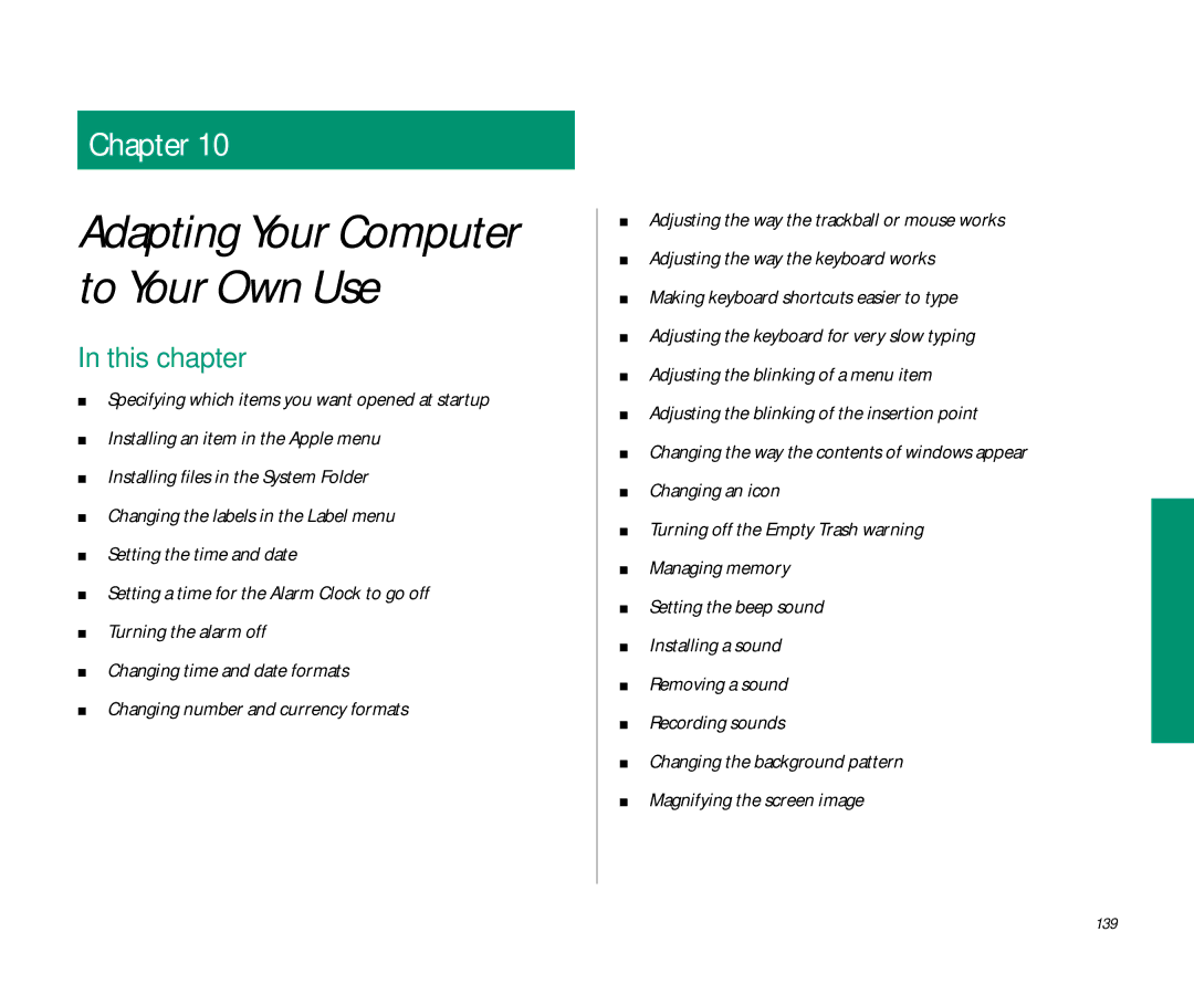 Apple 145 manual Adapting Your Computer to Your Own Use, 139 