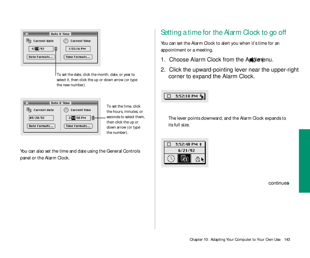 Apple 145 manual Setting a time for the Alarm Clock to go off, Choose Alarm Clock from the Apple K menu 