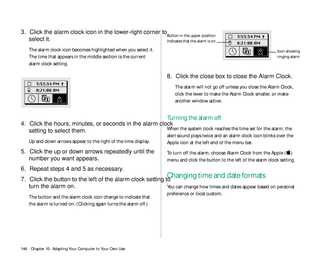 Apple 145 manual Changing time and date formats, Turning the alarm off, Click the close box to close the Alarm Clock 