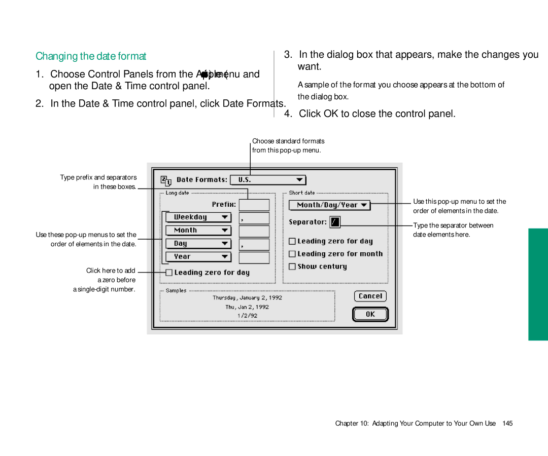 Apple 145 manual Changing the date format, Dialog box that appears, make the changes you want 