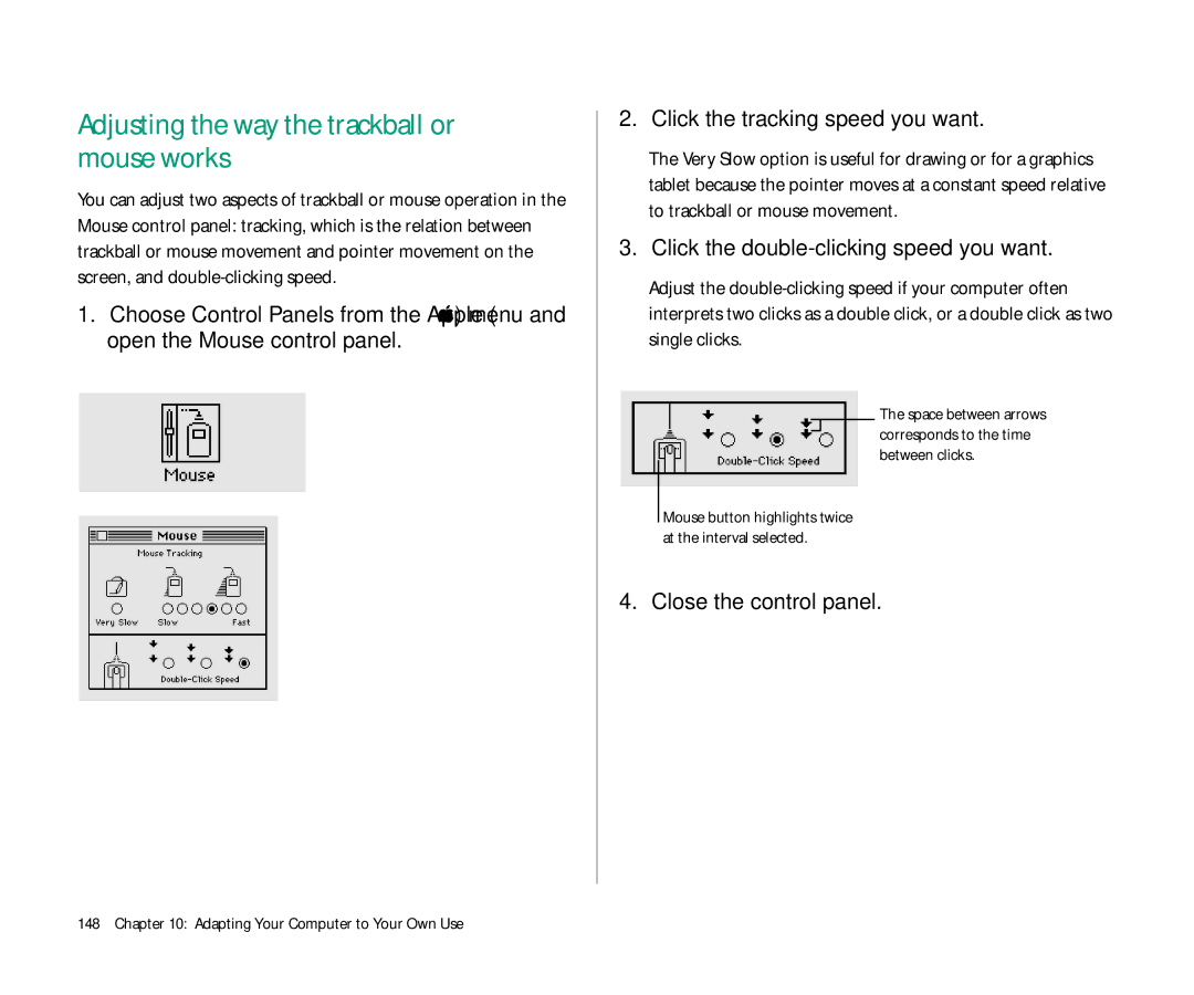 Apple 145 manual Adjusting the way the trackball or mouse works, Click the double-clicking speed you want 