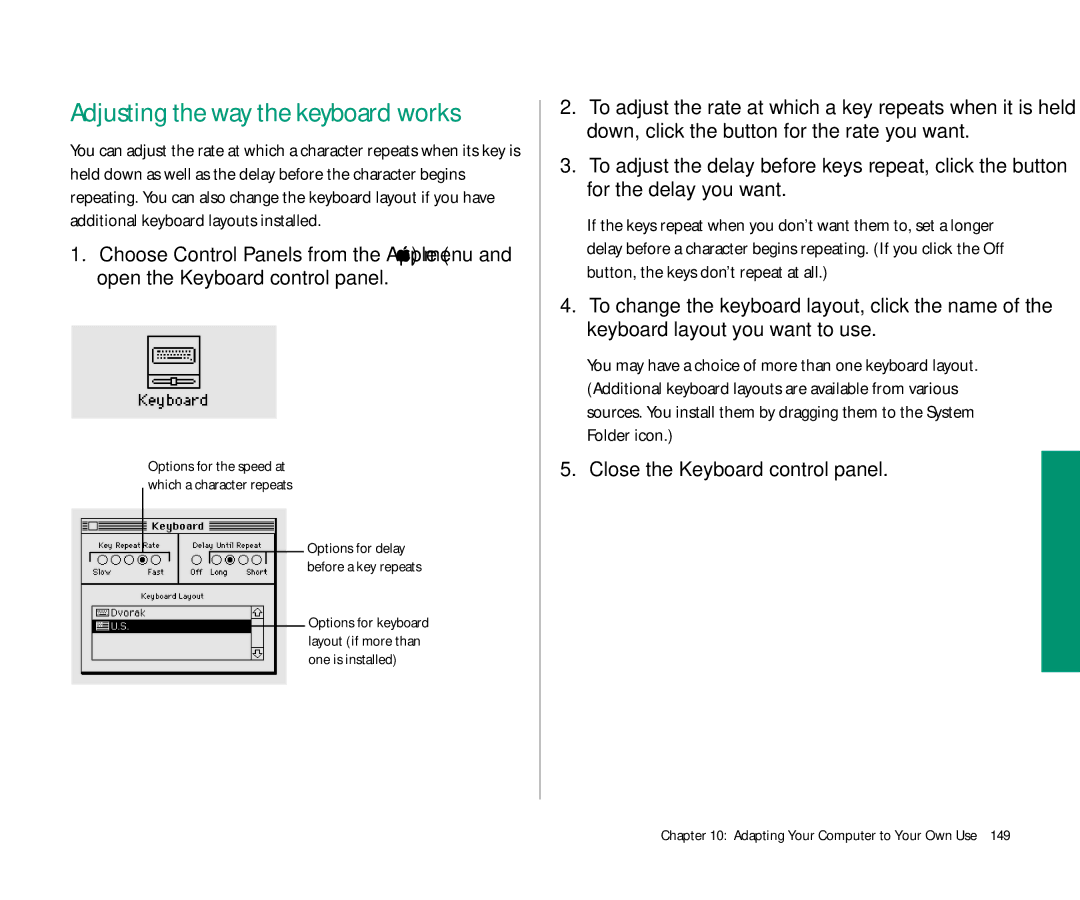 Apple 145 manual Adjusting the way the keyboard works, Close the Keyboard control panel 