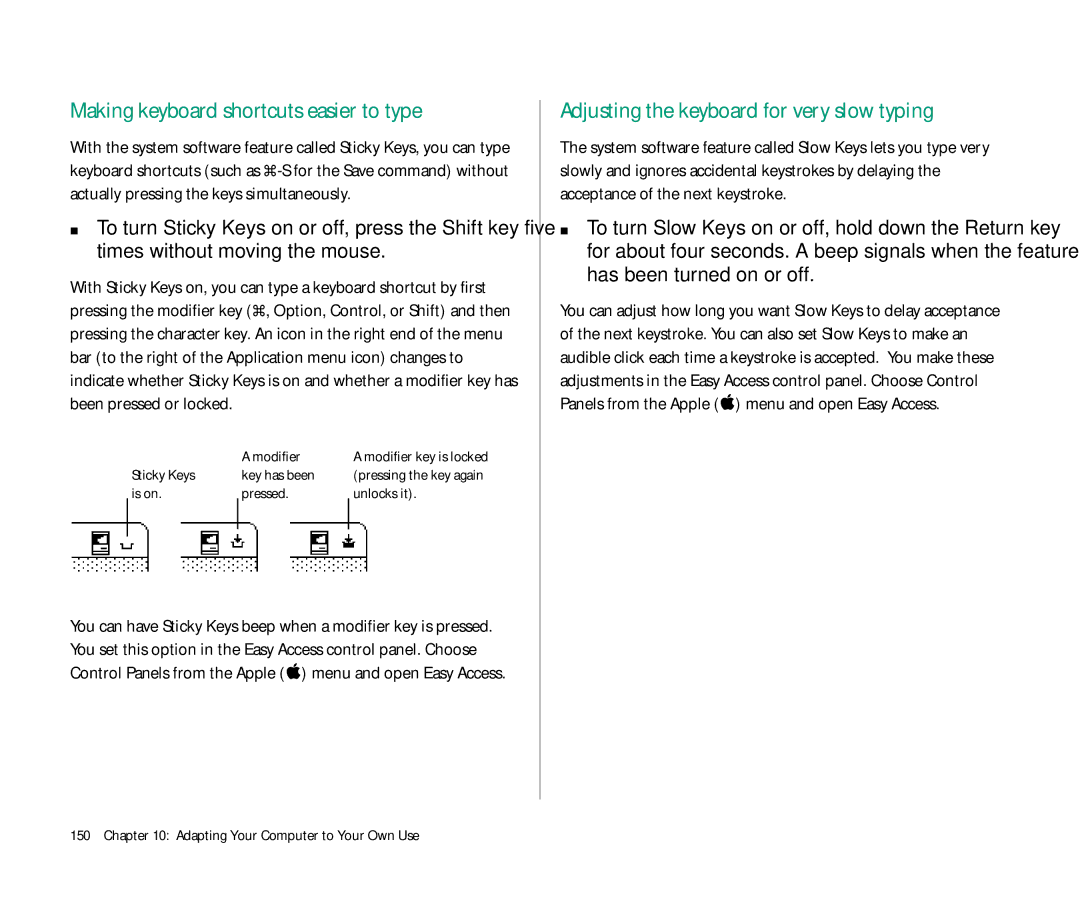 Apple 145 manual Making keyboard shortcuts easier to type, Adjusting the keyboard for very slow typing, Modifier 