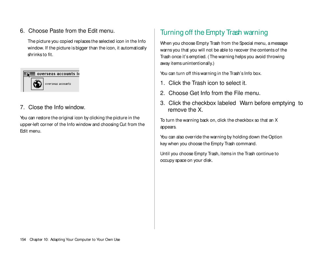 Apple 145 manual Turning off the Empty Trash warning, You can turn off this warning in the Trash’s Info box 