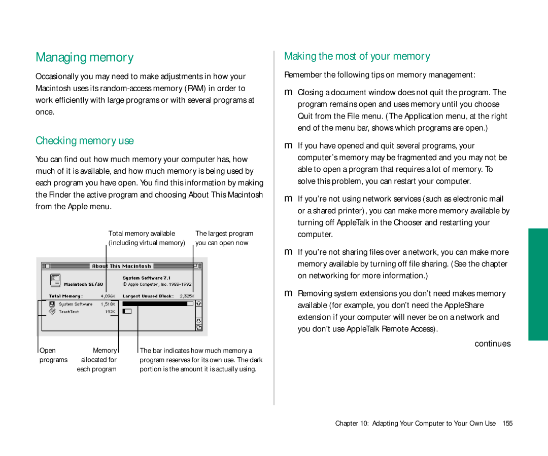 Apple 145 manual Managing memory, Checking memory use, Making the most of your memory 