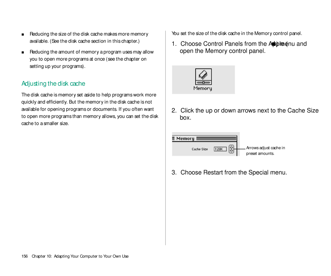 Apple 145 manual Adjusting the disk cache, Choose Restart from the Special menu 